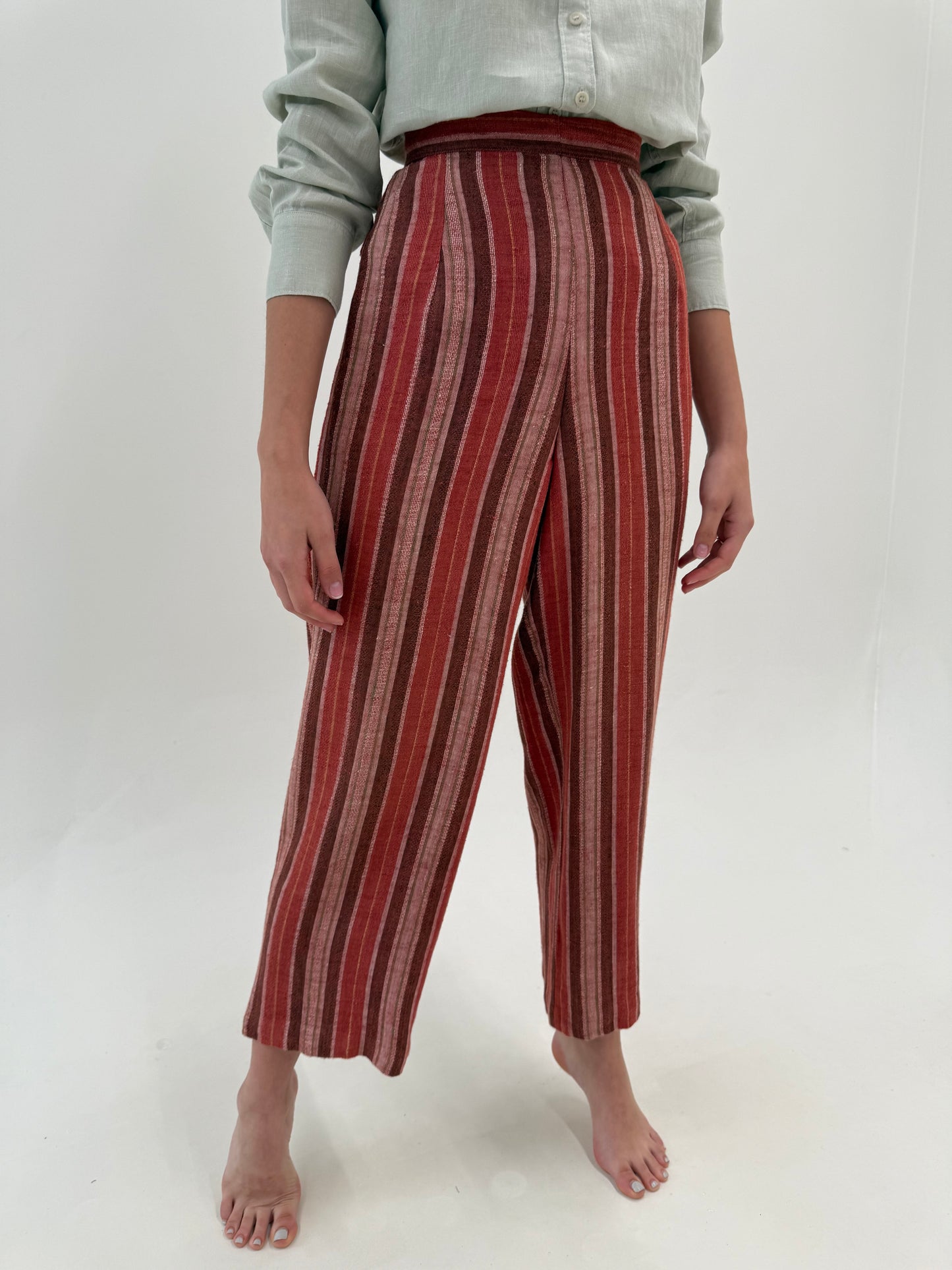 Pantaloni palazzo din pânză de in și vascoza în dungi cu talie ultra înaltă