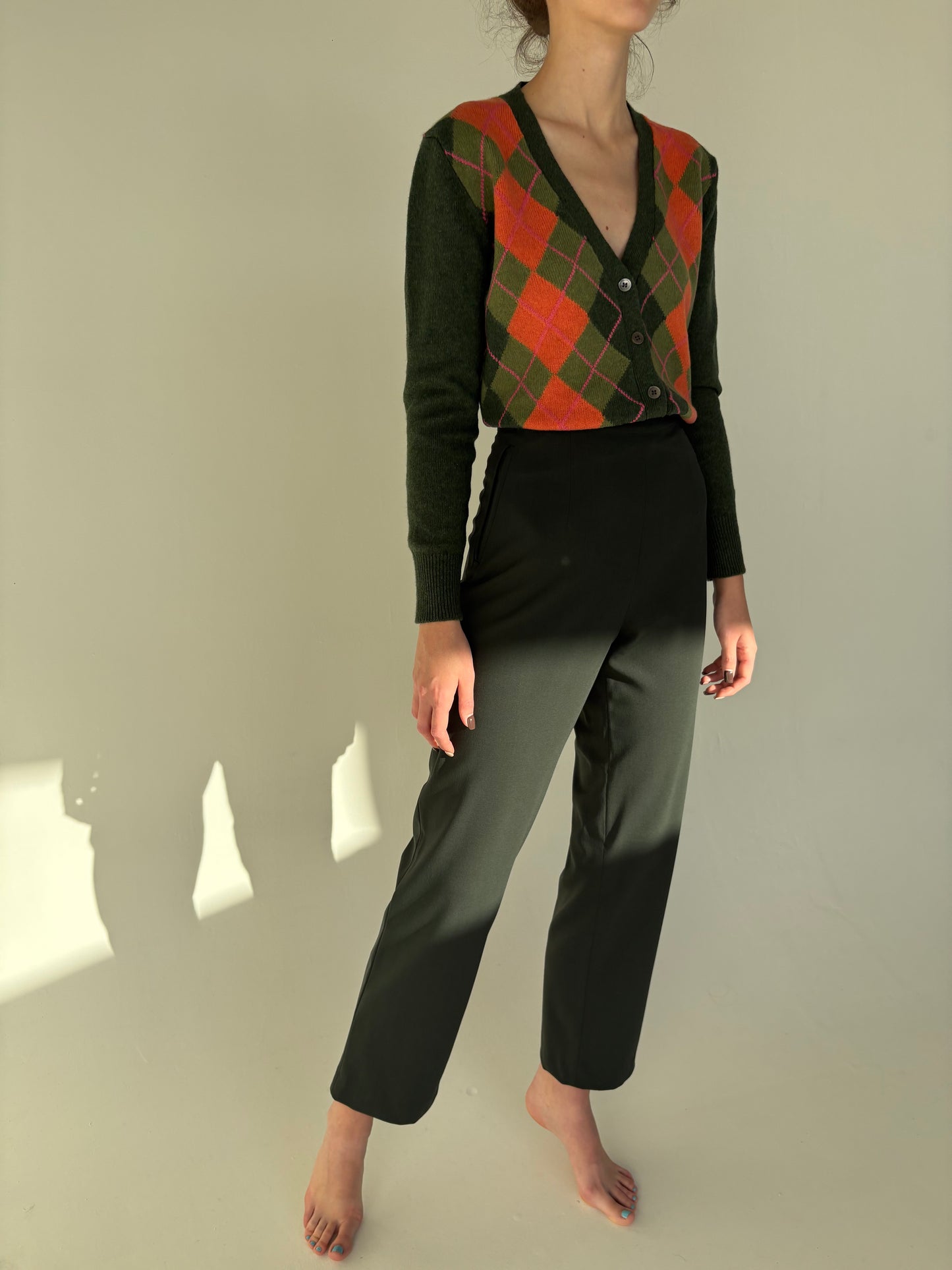 Pantaloni high end forest green din stofă de lana ultra confort strech