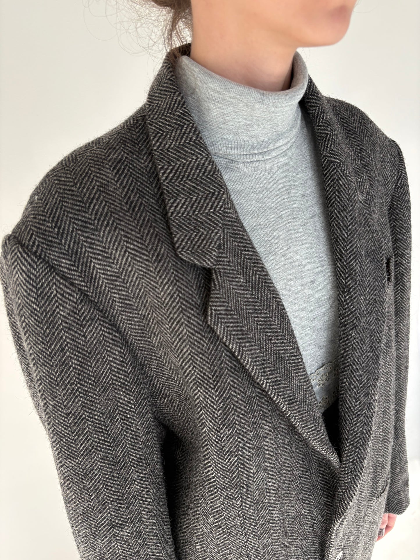 Sacou high end italian din tweed de alpaka cu lana alb negru Chevron