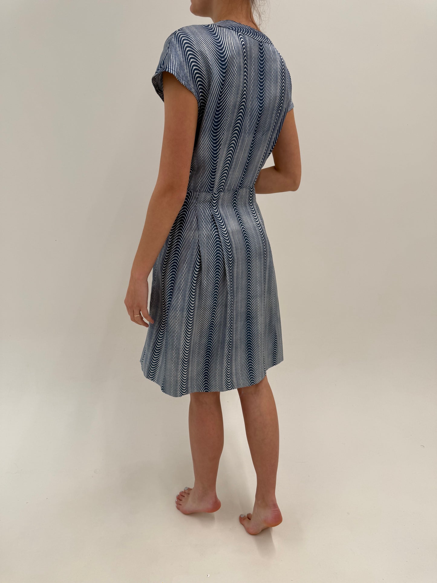 Rochie vintage jeans Blue din mătase naturală cu print și talie marcată ultra înaltă