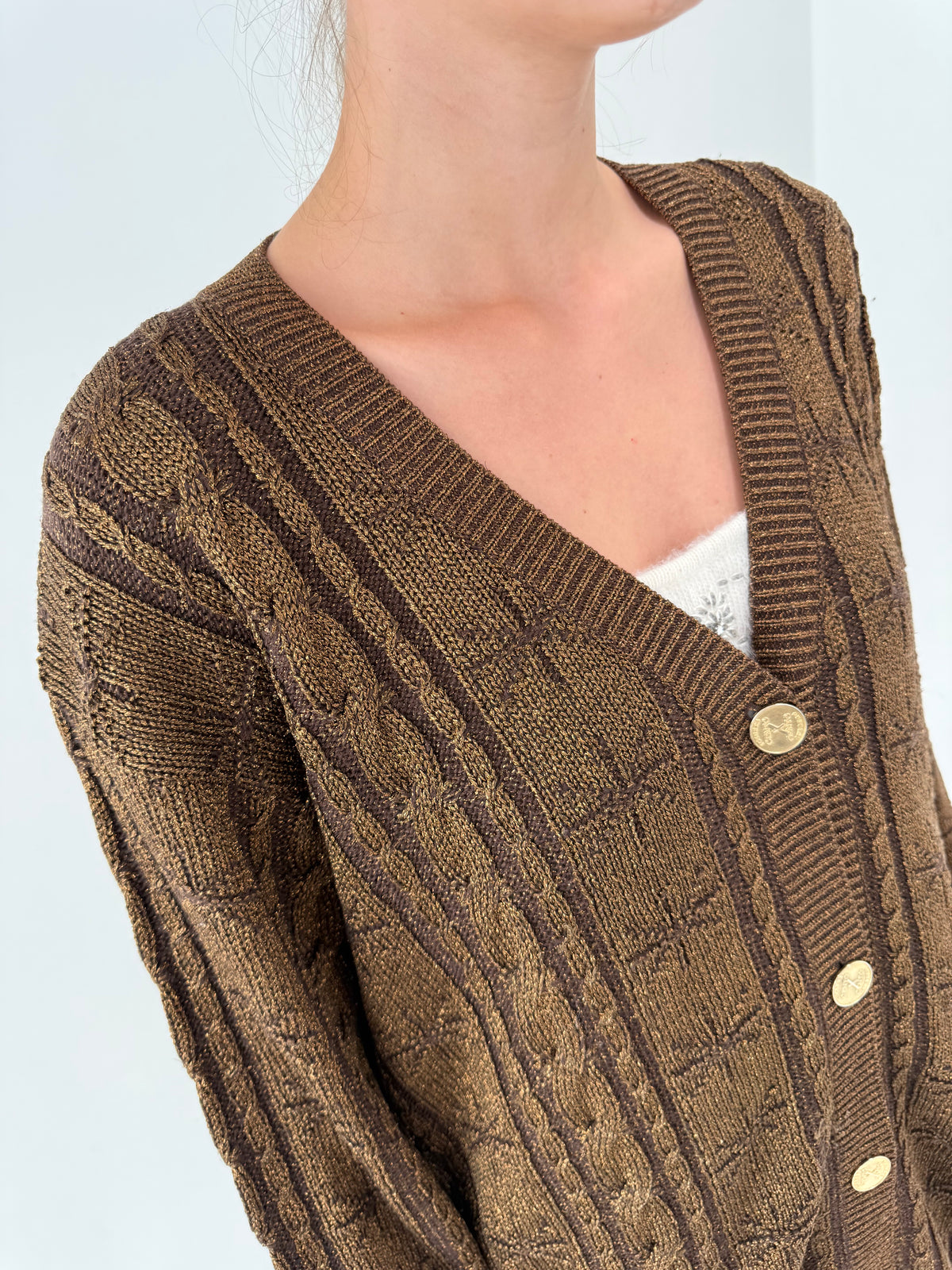 Cardigan vintage Iceberg de colecție din lana cu torsade și lurex copper fin