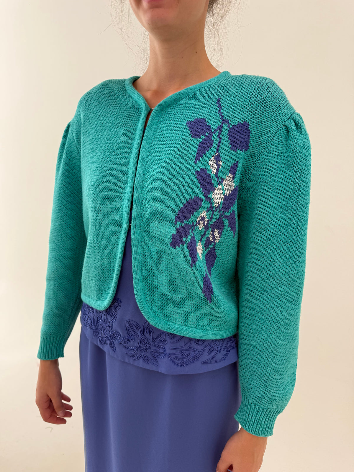 Jacheta vintage cu umeri ușor bufanți teal blue din bumbac și lana