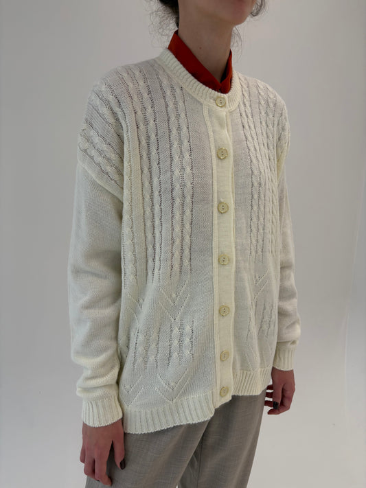Cardigan vintage butter white cu torsade din lana extrafina plină