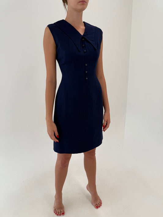 Rochie old vintage sfârșit de ani 60 din  wool crepe și ball buttons specifici perioadei