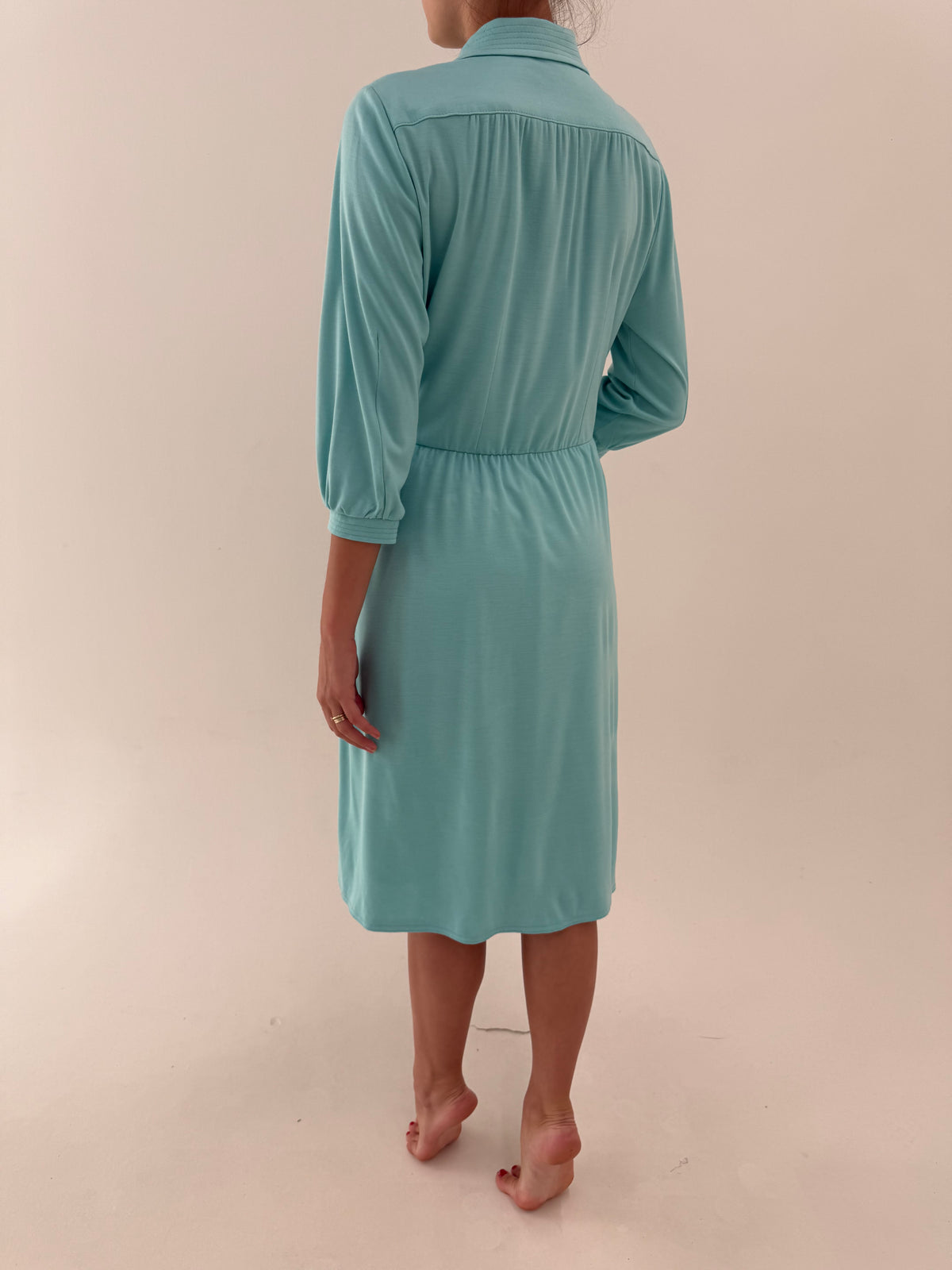 Rochie vintage din tricot extrafin de bumbac gros aqua blue cu talie marcată
