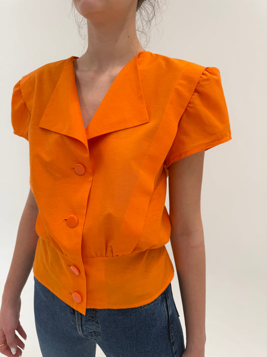 Cămașa vintage în croi elaborat electric orange din panzica perlata