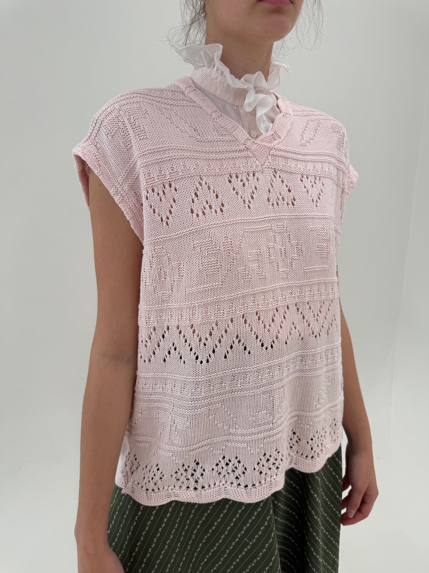 Top vintage din bumbac dantelat powder Pink in croi lejer