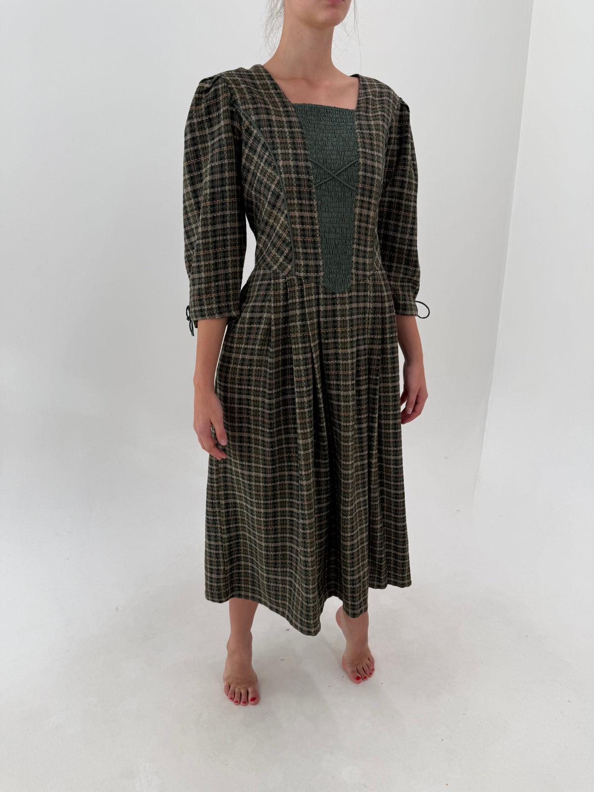Rochie vintage maxi din tweed moale cu corsaj și buzunare în nuanțe de verde