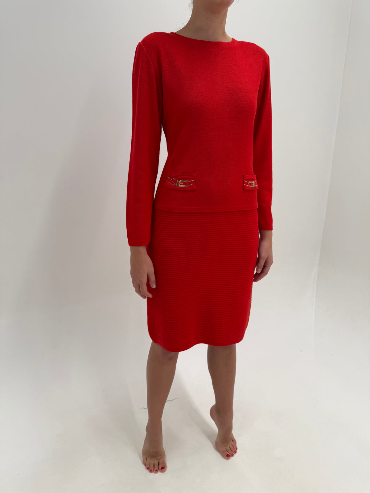 Rochie vintage cherry red din tricot excepțional de lana cu cașmir