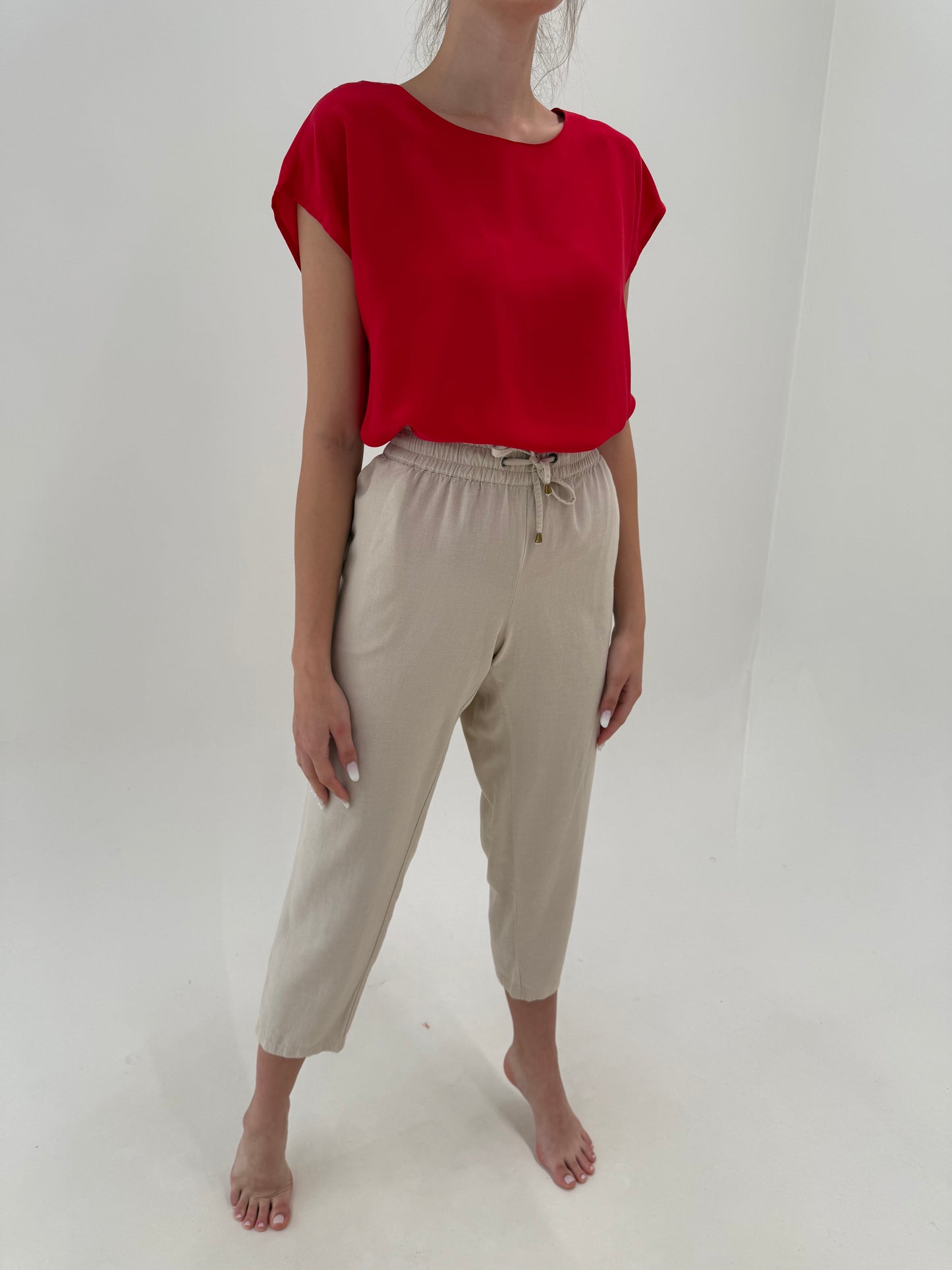 Pantaloni light camel petite din pânză moale de in și bumbac cu talie elastică
