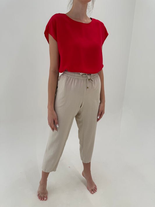 Pantaloni light camel petite din pânză moale de in și bumbac cu talie elastică