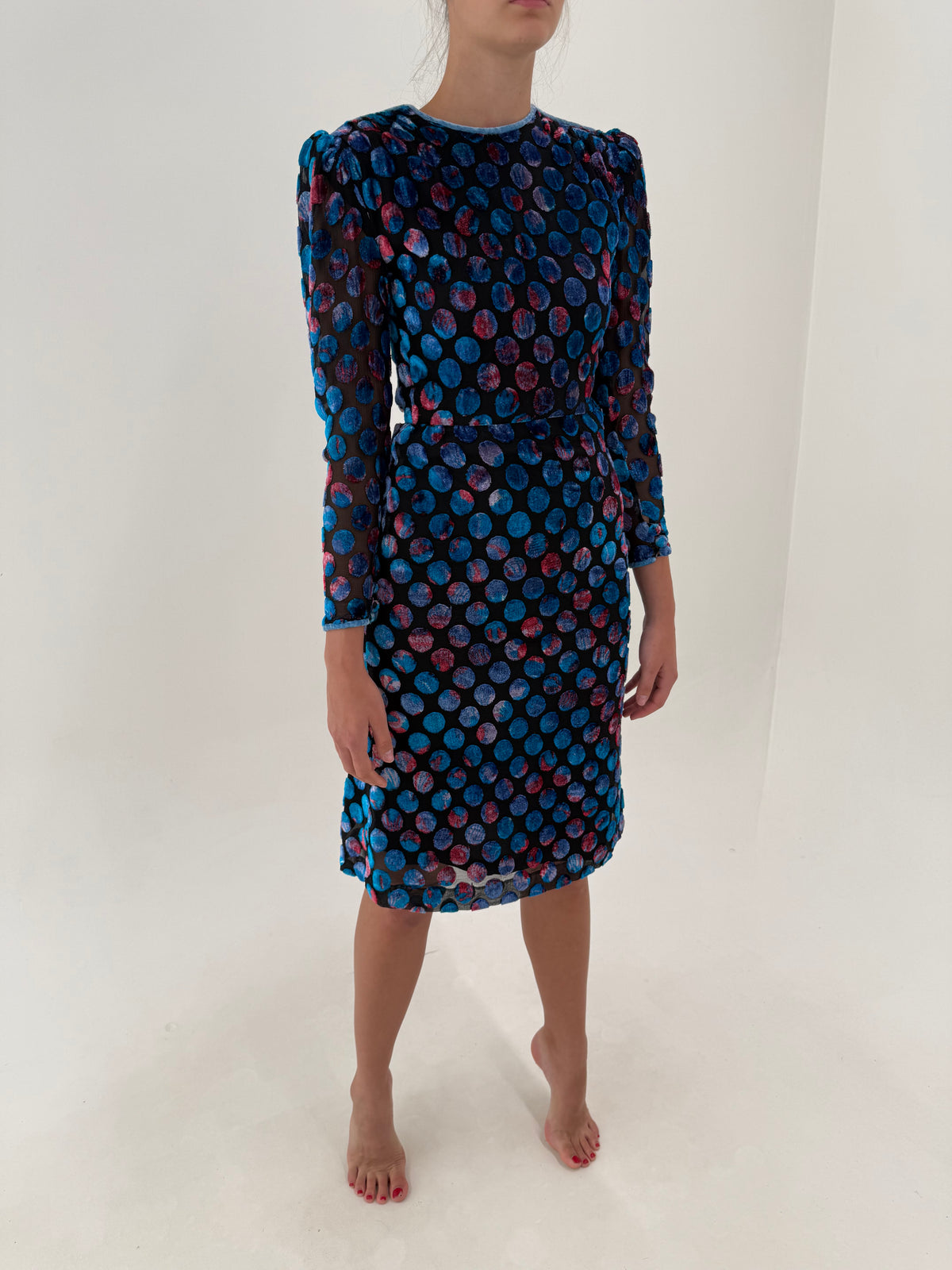 Rochie vintage luxury din devoré de mătase naturală cu buline în culori superbe