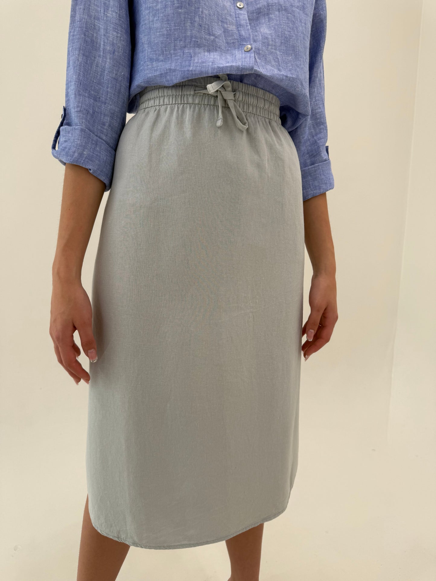 Fustă midi cu influențe casual din pânză de in cu vascoza silver gray