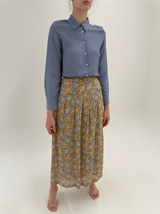 Fustă vintage maxi Sage green cu print delicat și talie elastică ultra înaltă