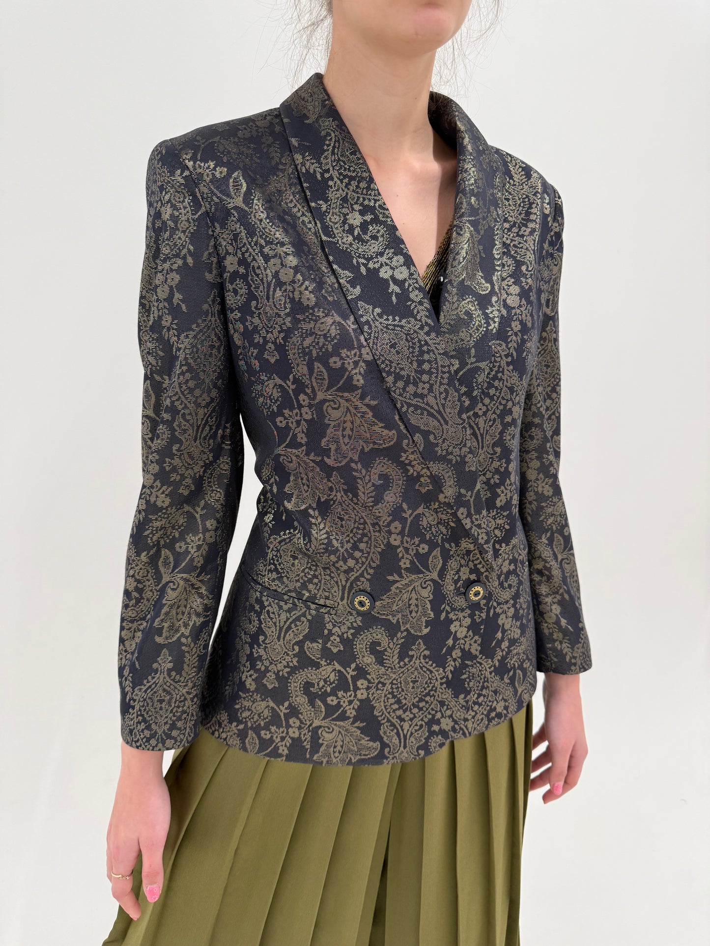 Sacou vintage elegant din jacquard superb auriu antichizat pe negru