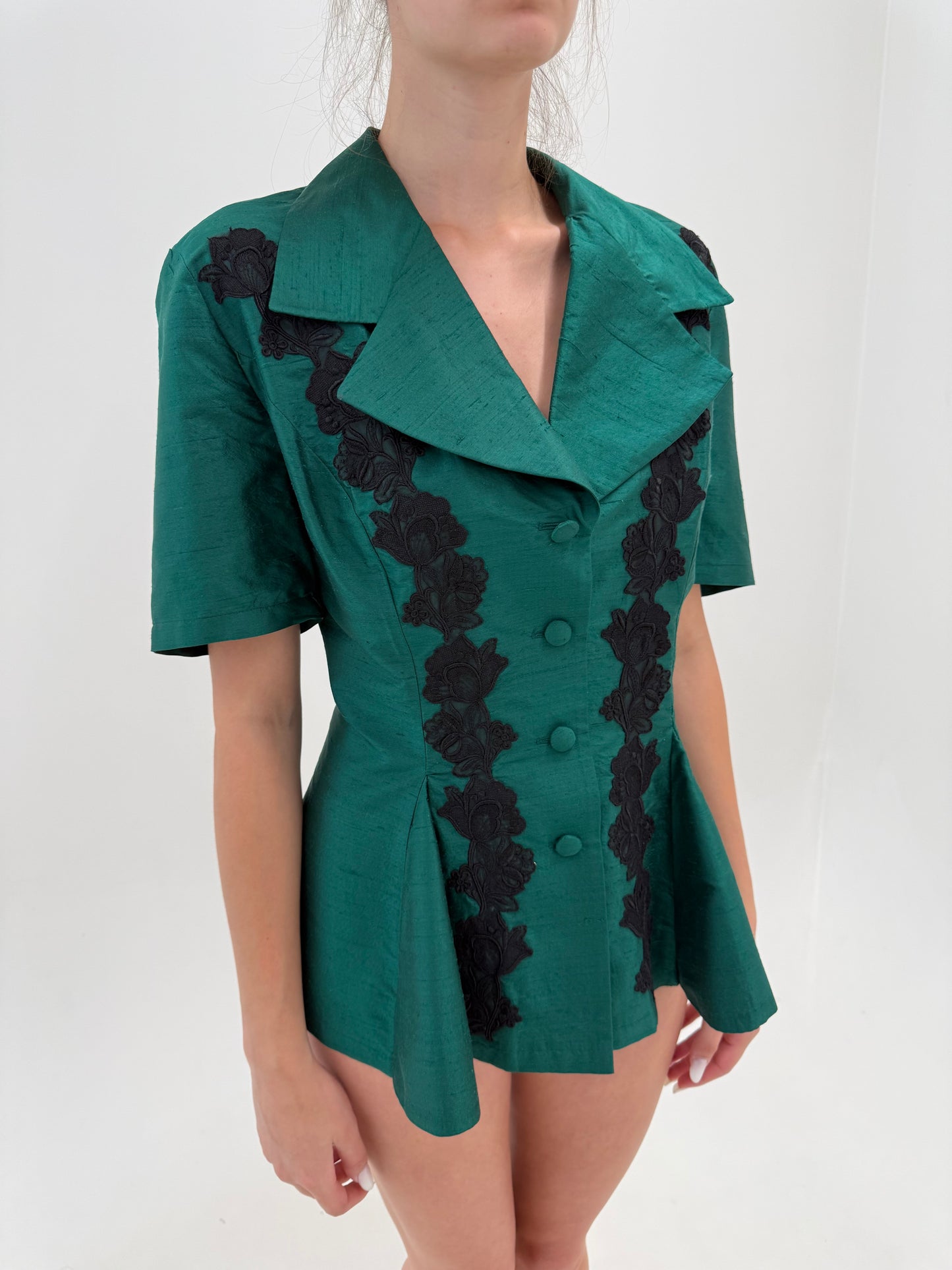 Sacou tip corsaj / cămașă cambrata din mătase naturală dupioni emerald green