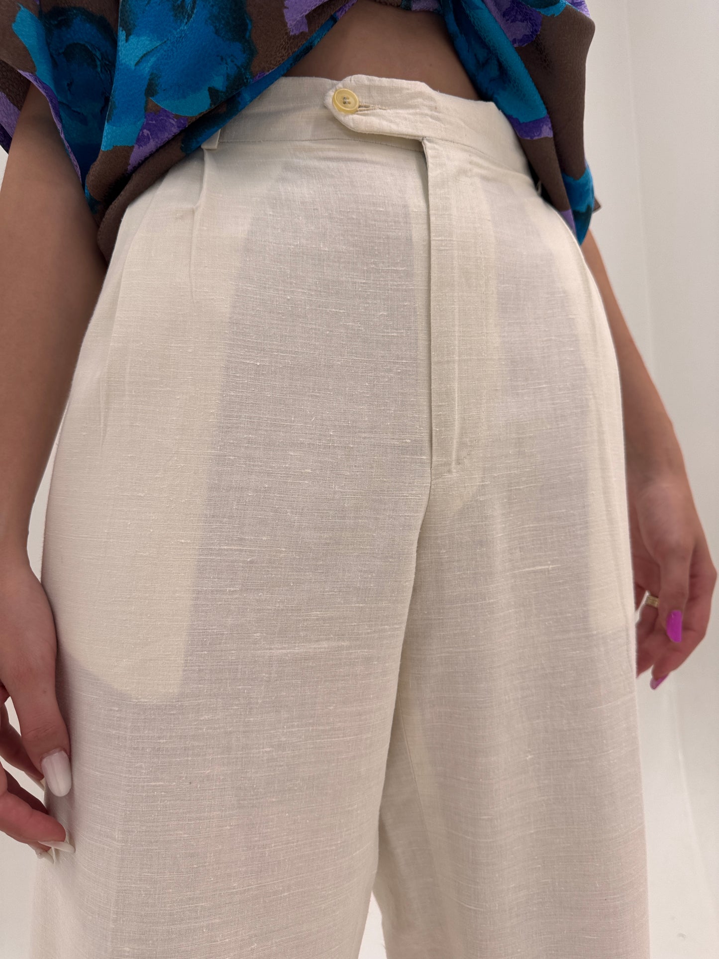 Pantaloni tall din pânză de in cu bumbac cu pense butter white