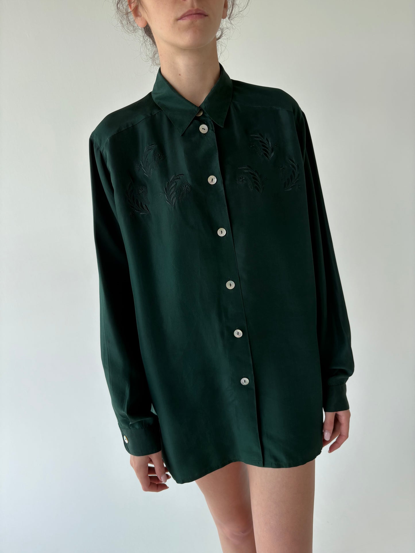Cămașa vintage dark forest green din mătase naturală