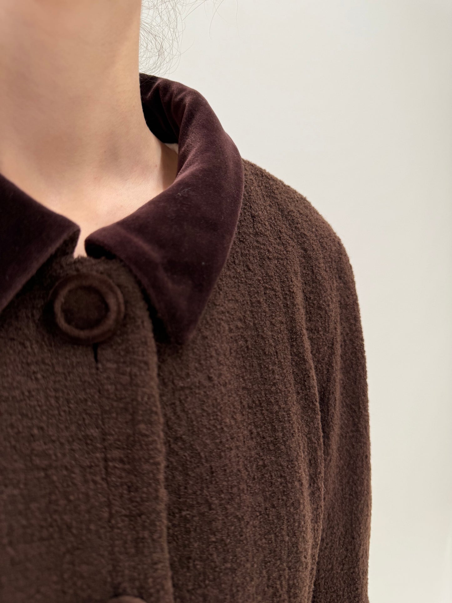 Rochie Old vintage anii 60 tip coat din boucle de lana chocolate brown