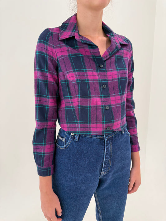 Cămașa vintage petite din lana extrafina în carouri cu fucsia