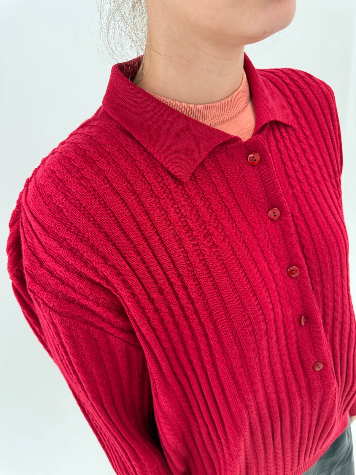 Pulover vintage polo italian din lana merino extafina cu torsade raspberry red