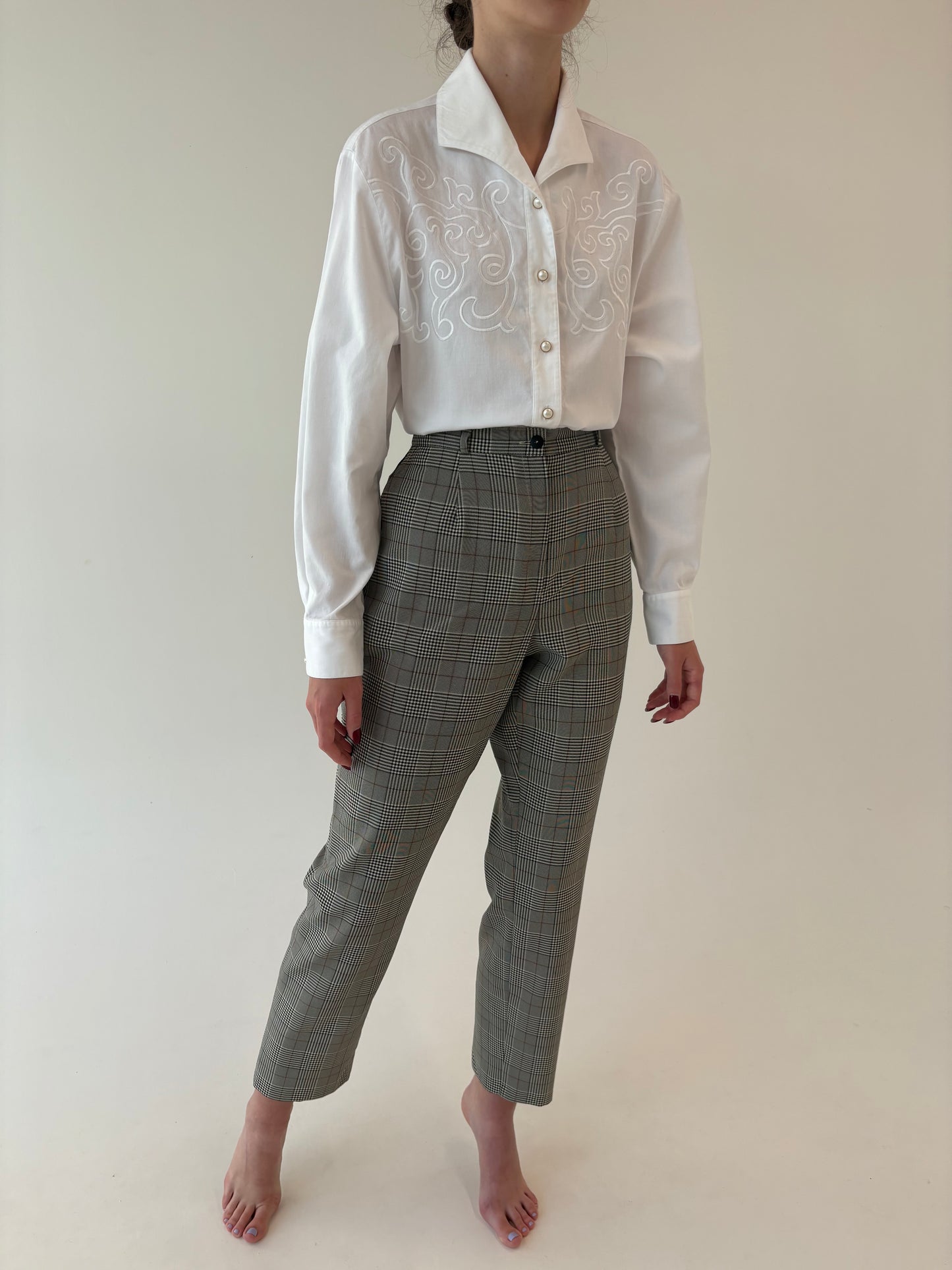 Pantaloni țigaretă don lana extrafina în carouri cu talie ultra înaltă