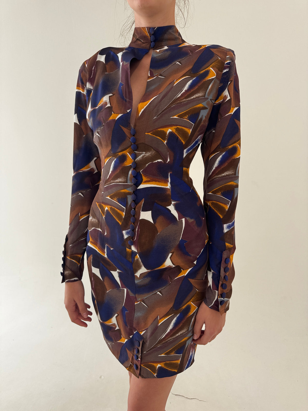 Rochie vintage de la zi la cocktail cu print spectaculos din mix plin de mătase naturală