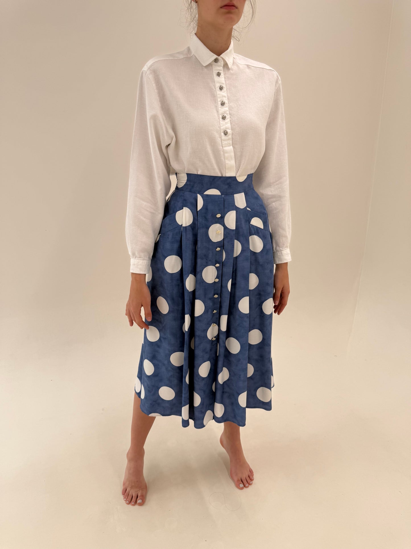Fustă vintage jeans Blue cu buline ultra amplă midi lung