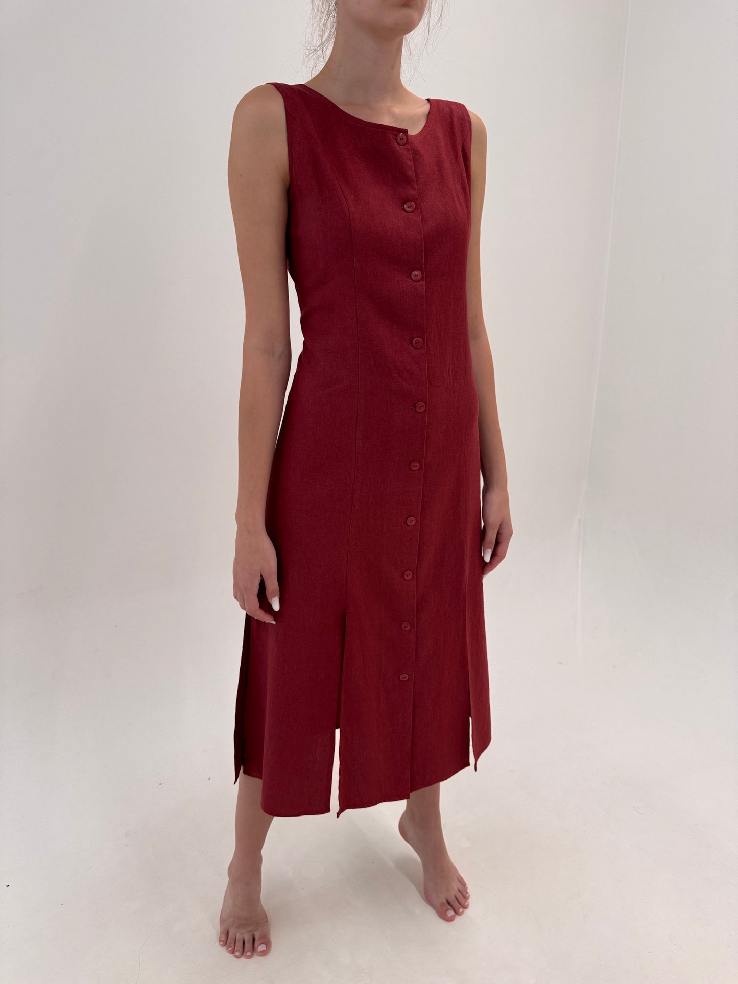 Rochie maxi din pânză whine red în croi cambrat minimalist reglabilă bla spate