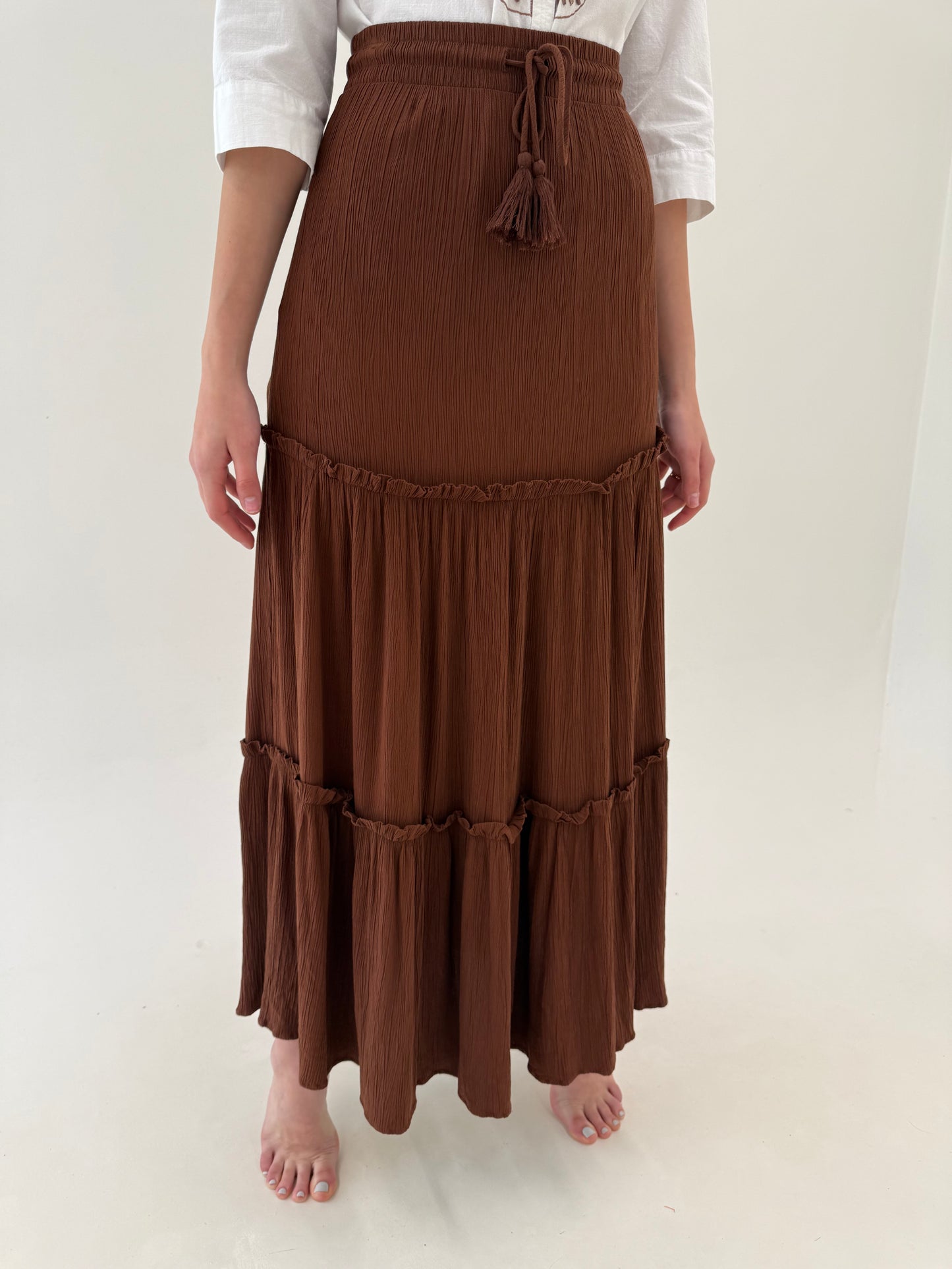 Fustă maxi chocolate brown din creppe natural no iron