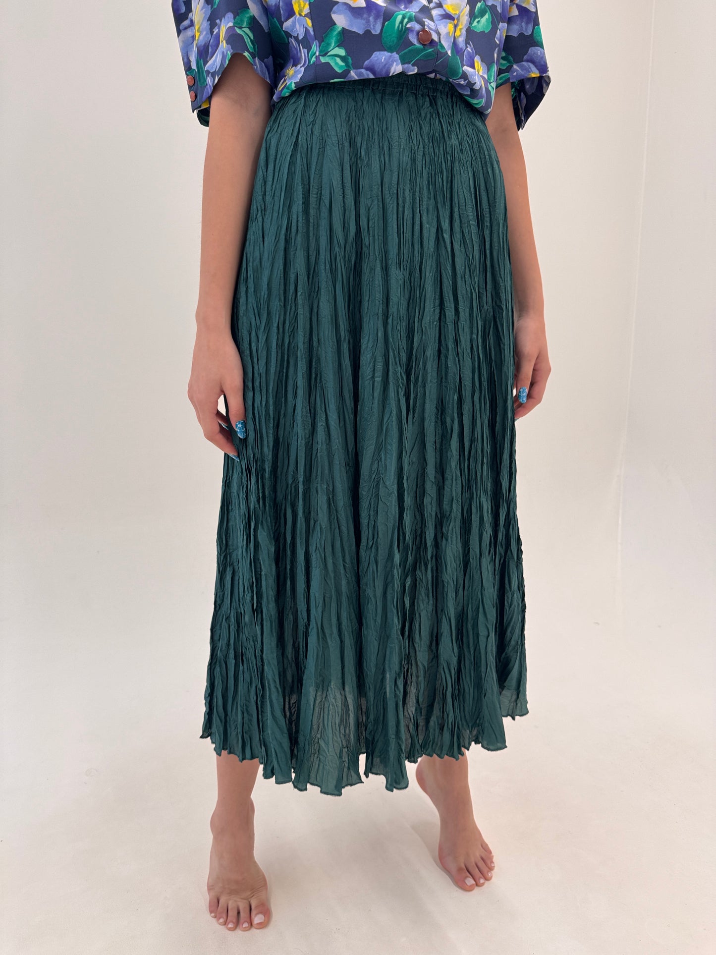 Fustă maxi din mătase naturală no iron dark green cu talie elastică ultra înaltă