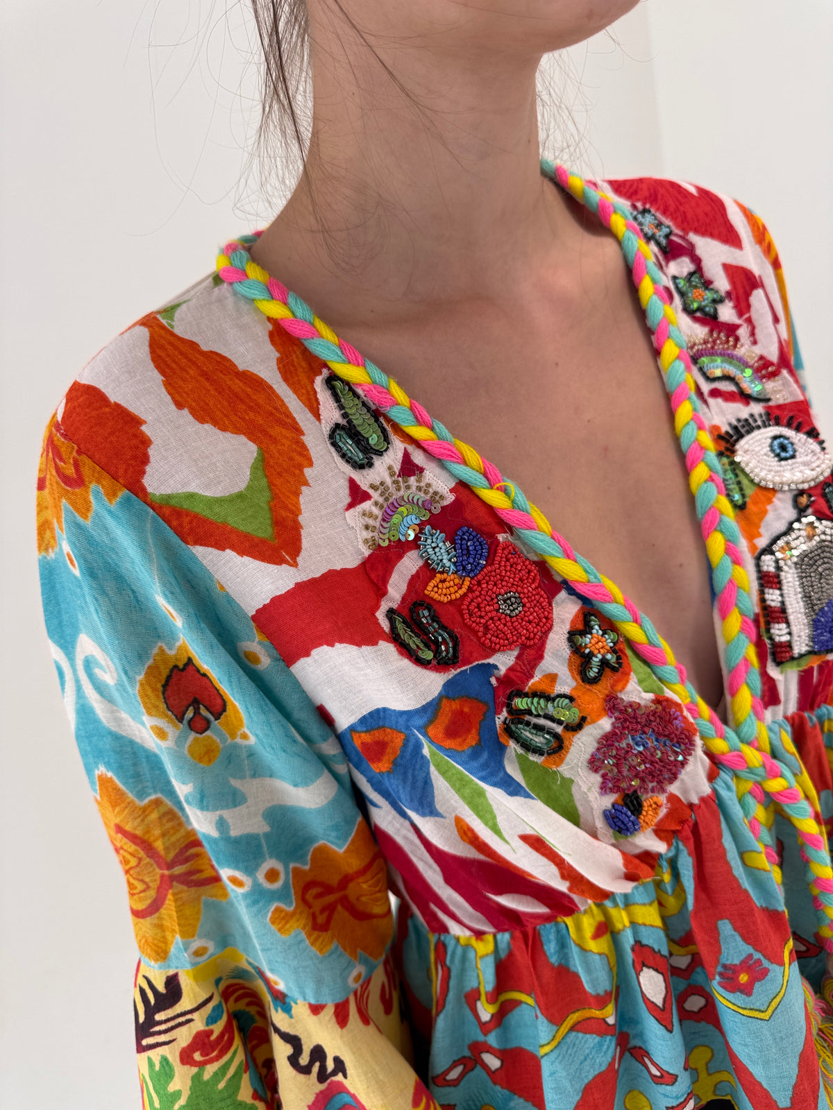 Rochie italiană boho din panzica de bumbac cu aplicații manuale Antica Sartoria