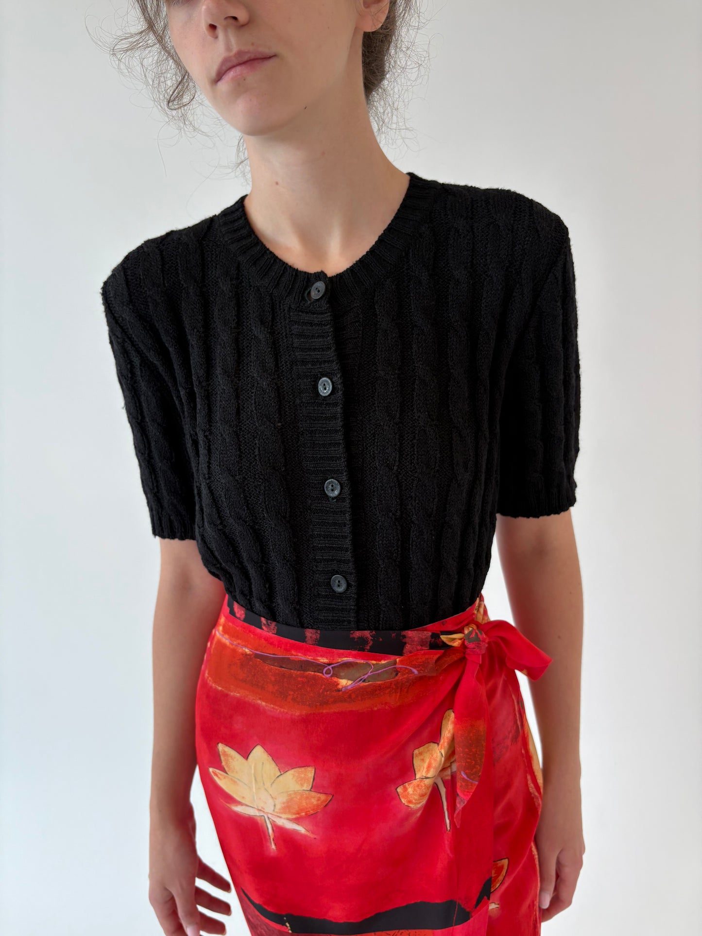 Top vintage negru italian din jerse de vară cu torsade