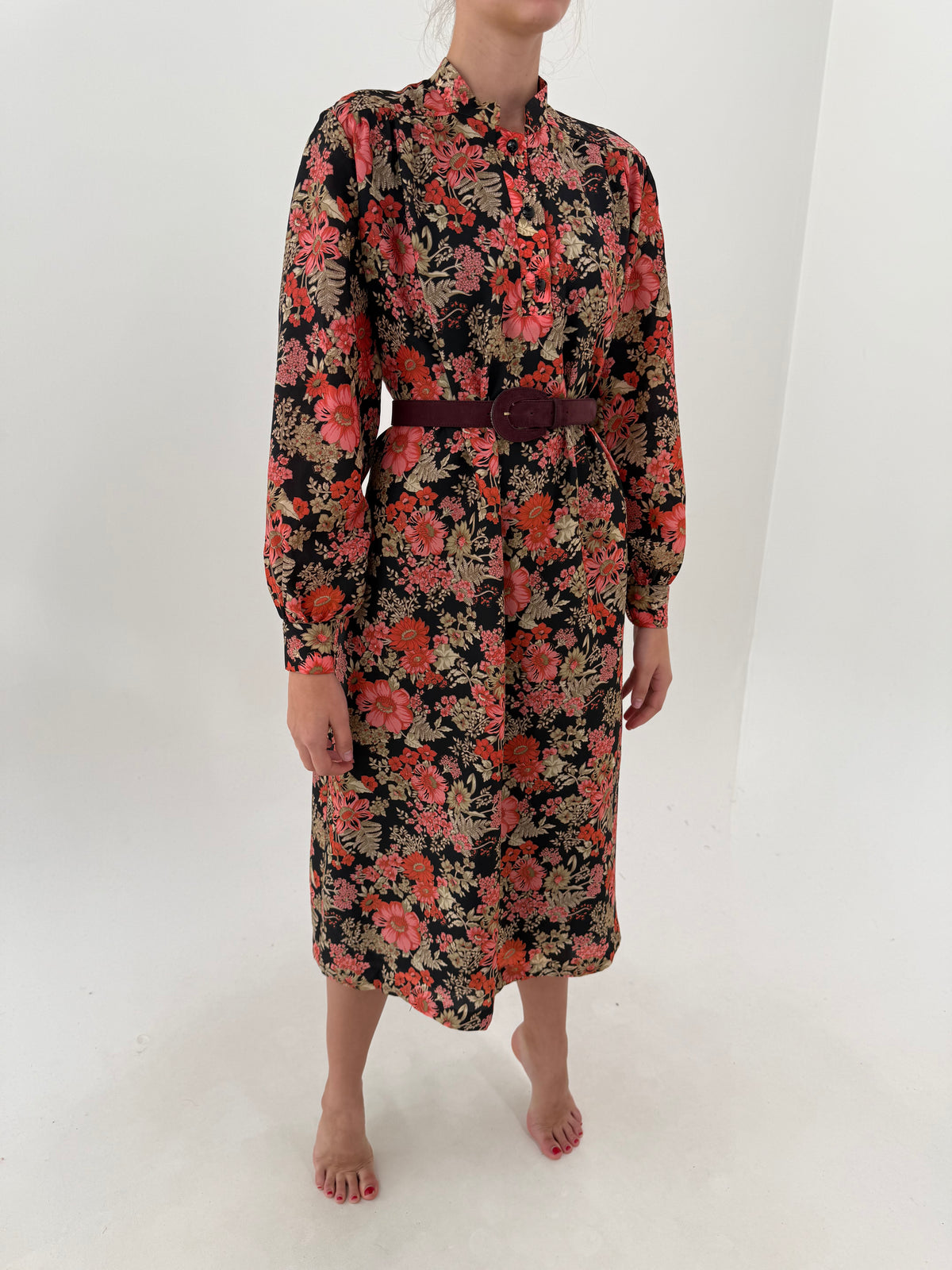 Rochie vintage midi lung cu print floral superb din mix de lana extrafina