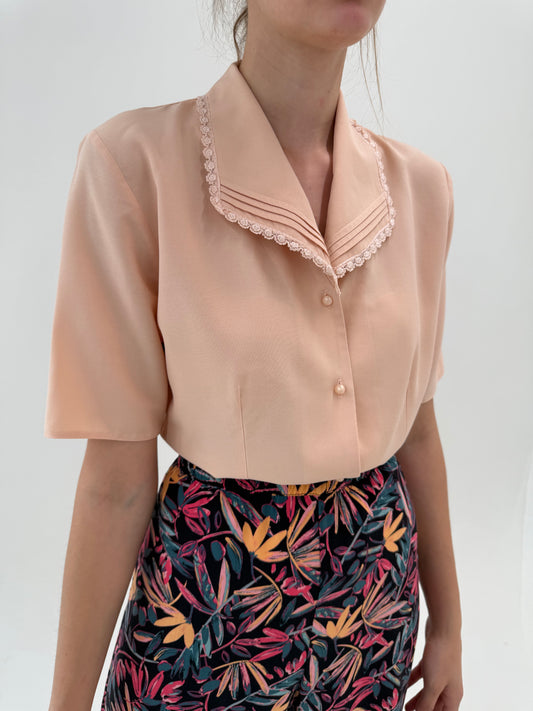 Cămașa vintage powder Pink din pânză cu dantelă macrame