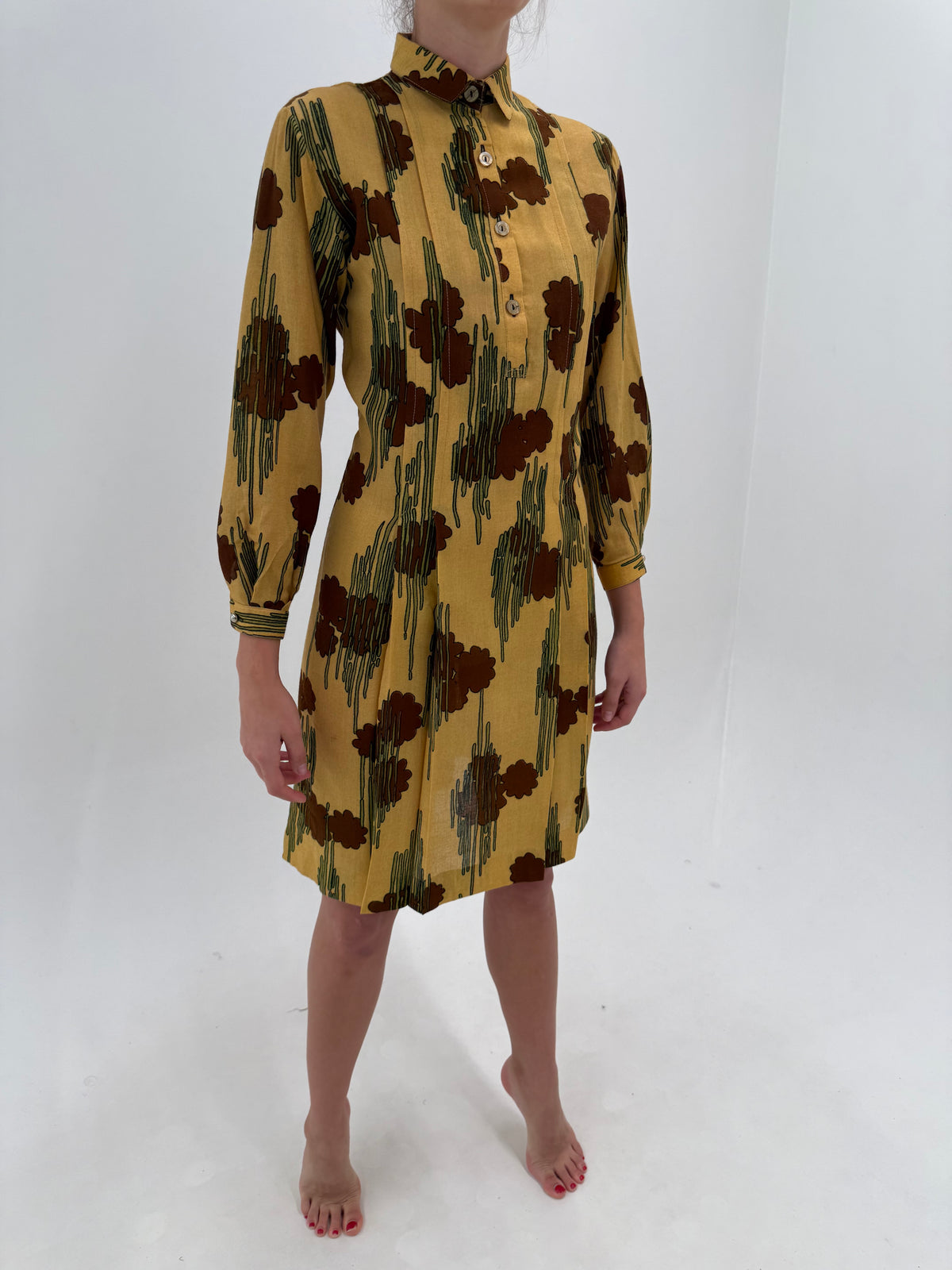 Rochie vintage cu print chocolate brown pe dark butter yellow din lana extrafina