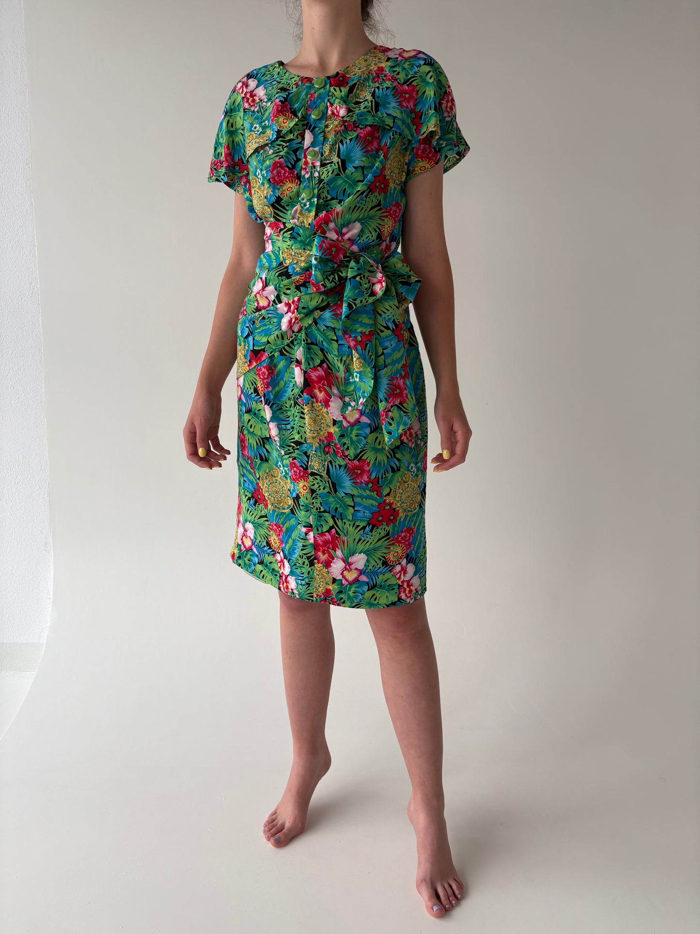 Rochie vintage italiană din mătase naturală cu print superb în culori tari