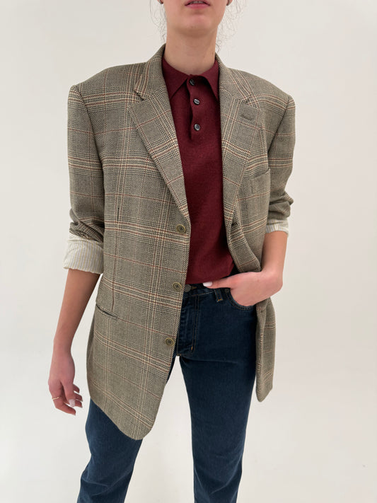 Sacou italian dn lana extrafina Sage green în carouri fine dark red