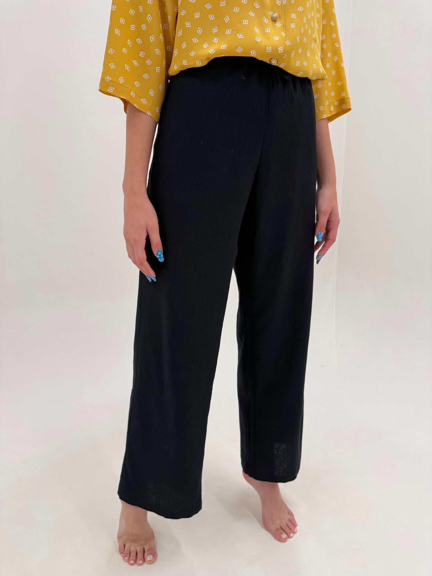 Pantaloni negri din in premium tall in croi drept cu talie elastică