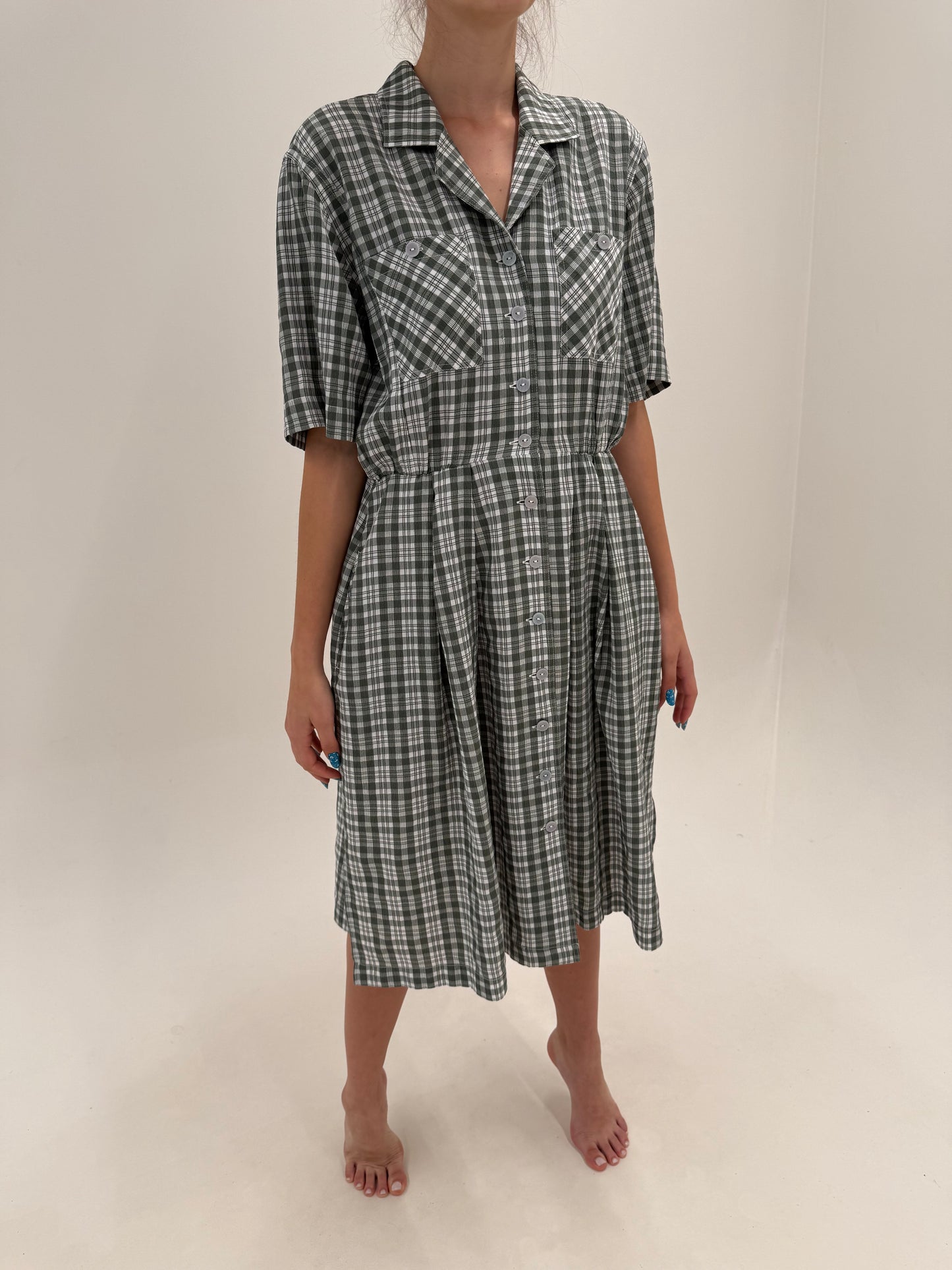 Rochie vintage din pânză cu buzunare și talie marcată Sage green și alb