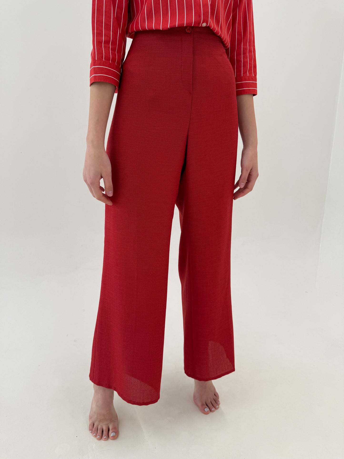 Pantaloni în croi drept brick red din pânză cu talie înaltă