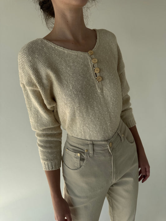 Bluză vintage petite light nude din jerse gros și moale de bumbac cu noduri