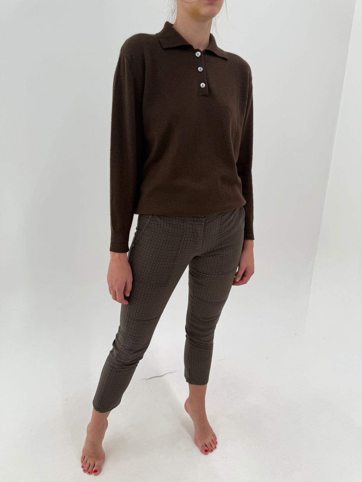 Pantaloni Max Mara petite chocolate brown în carouri mărunte ultra confort