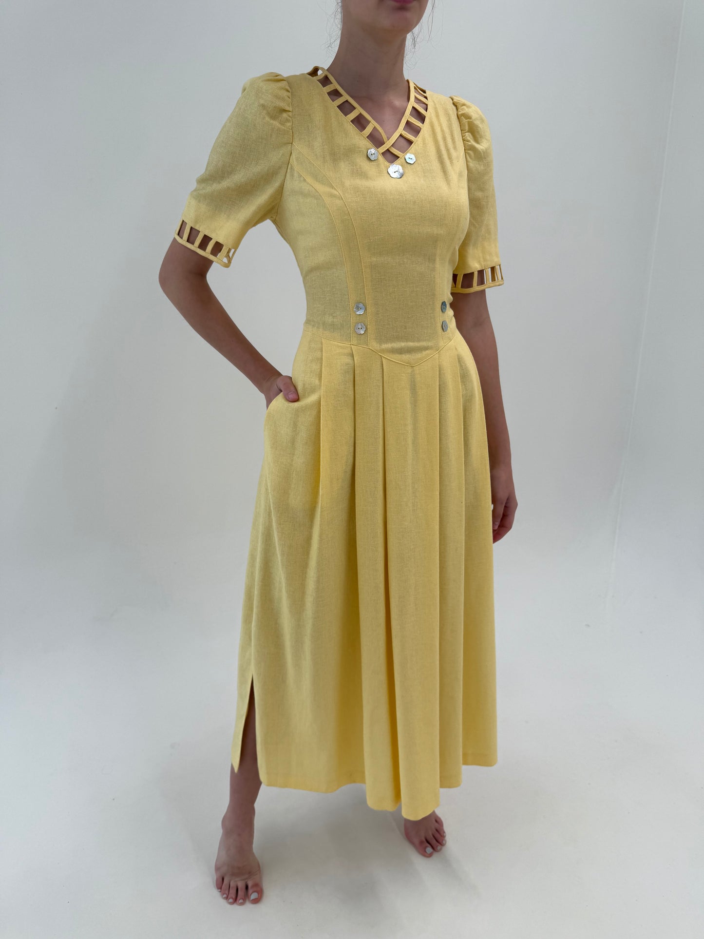 Rochie vintage maxi din pânză grea excepțională butter yellow cu corsaj