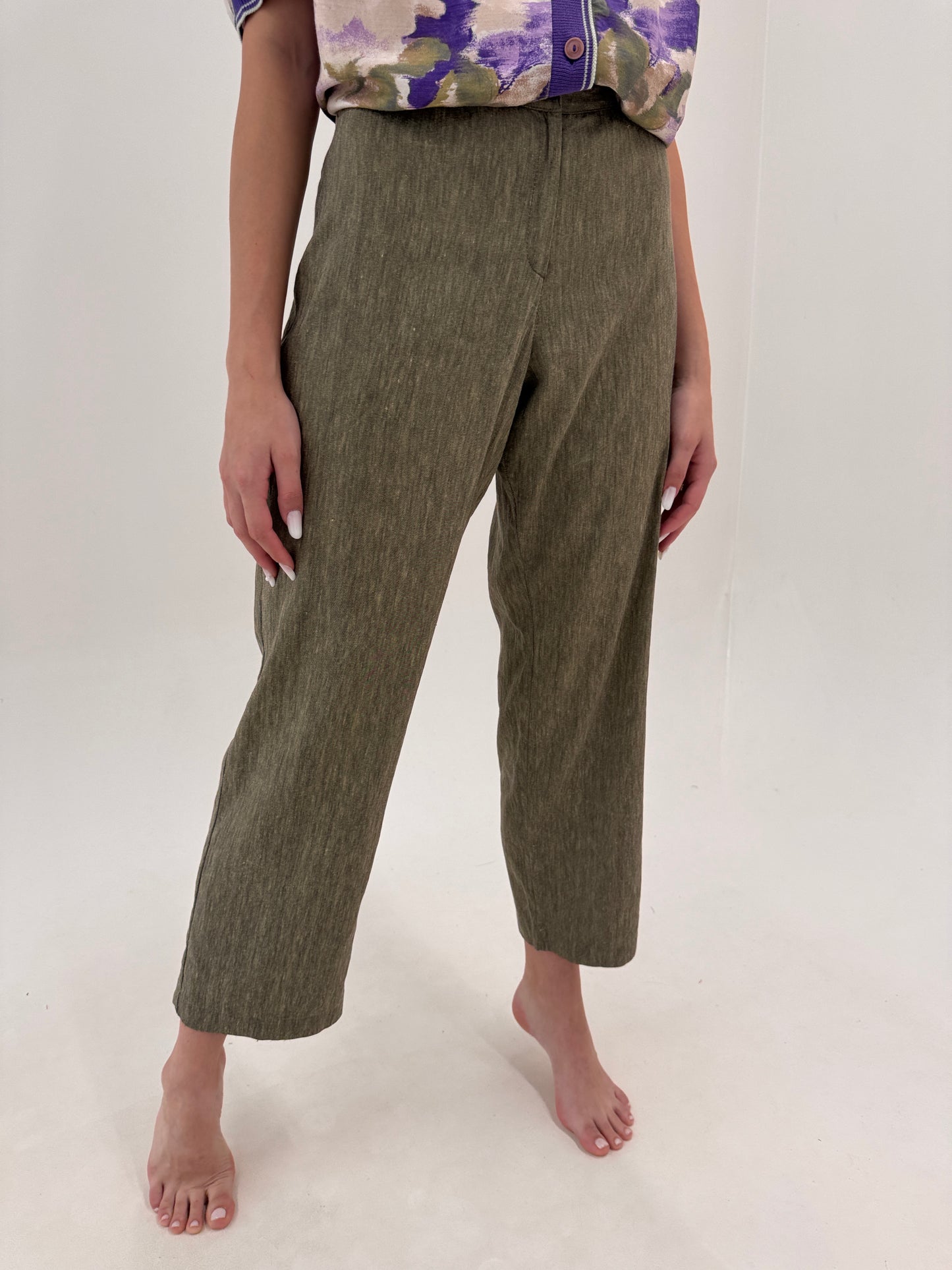 Pantaloni petite italienești din in melanj kaki și camel
