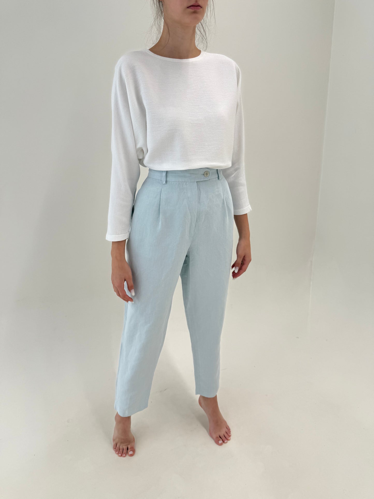 Pantaloni tall baby blue din pânză de in și vascoza cu talie ultra înaltă