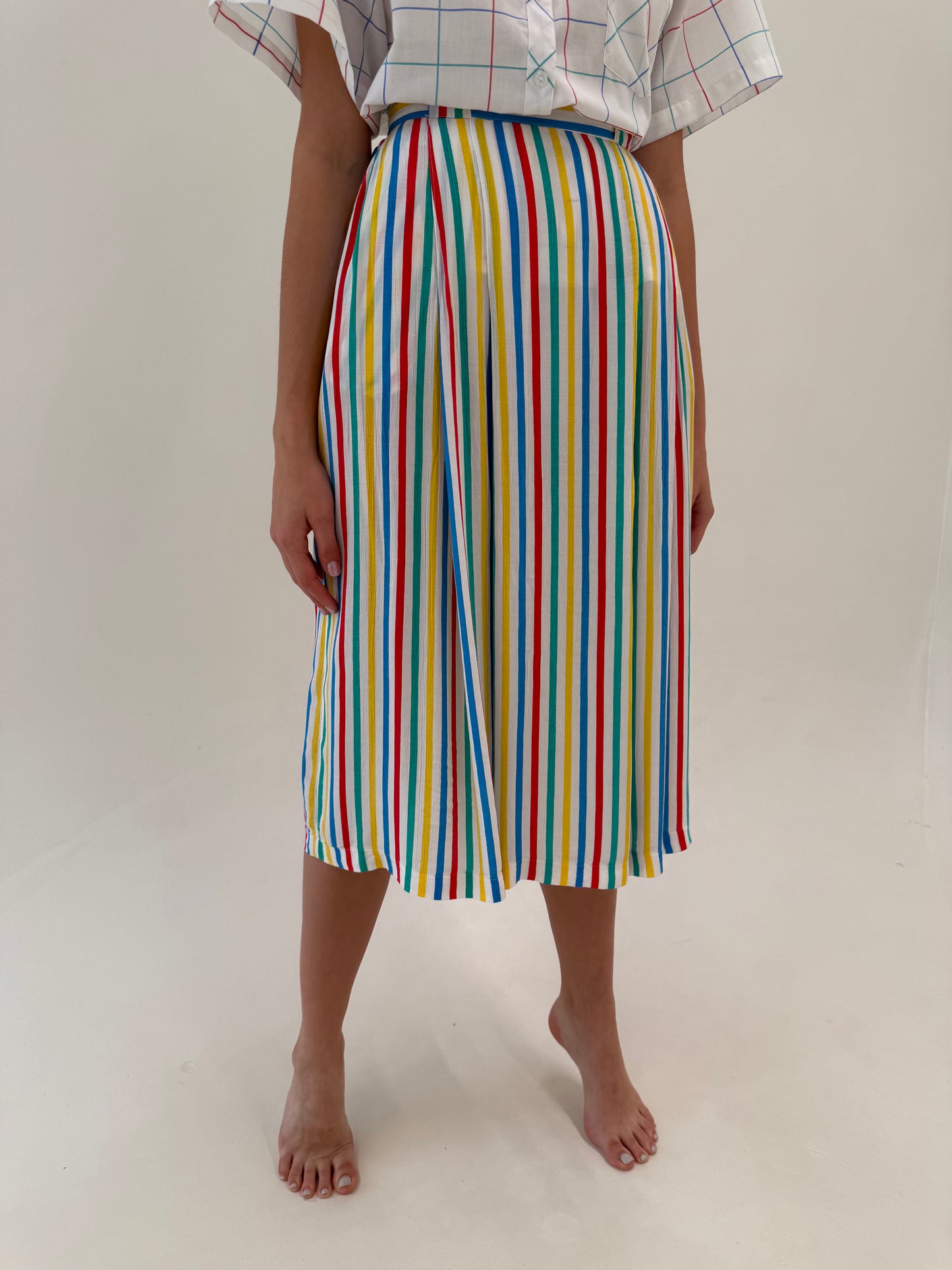 Fustă vintage midi in dungi colorate super vaporoasă cu talie ultra înaltă