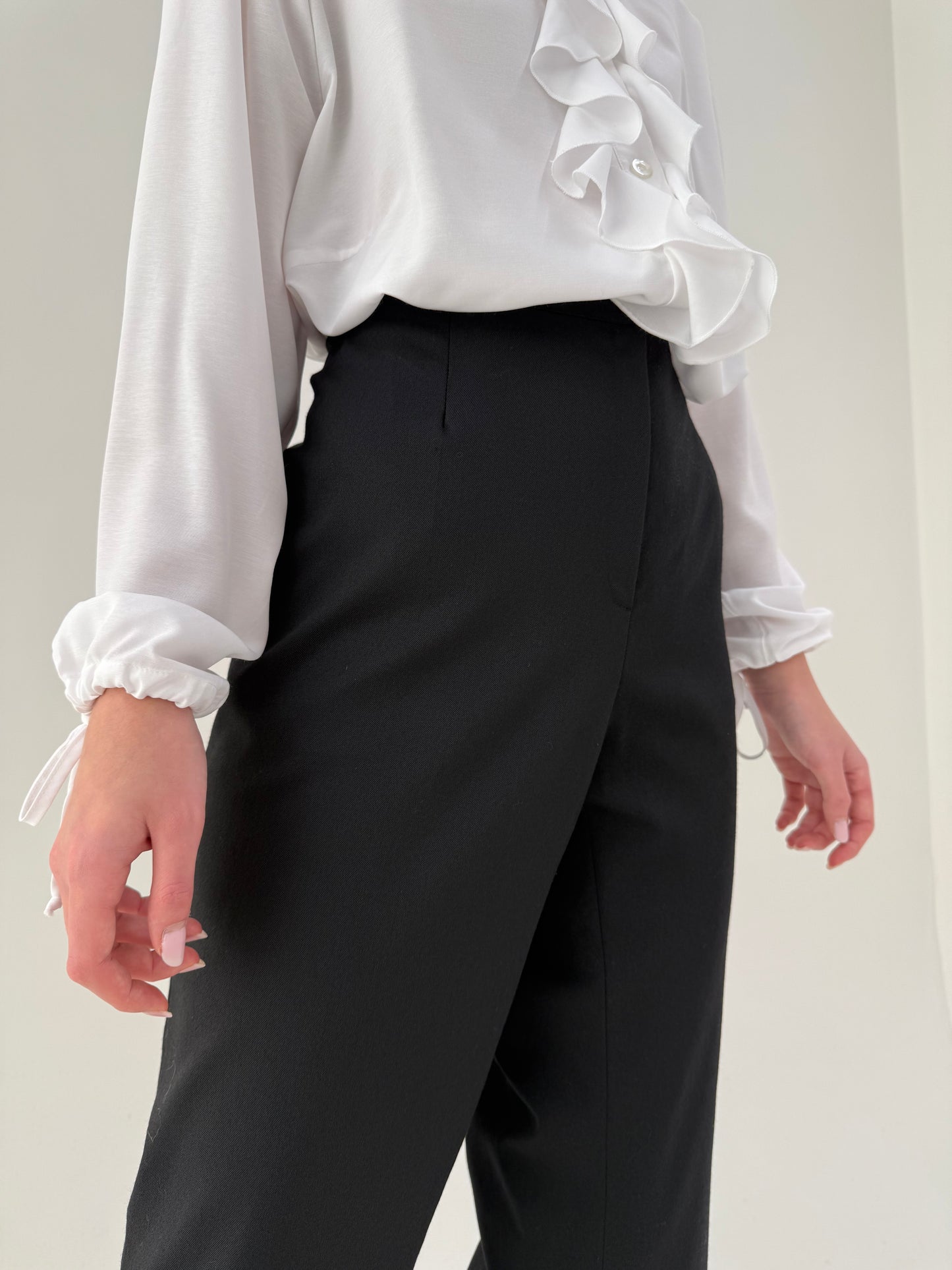 Pantaloni negri plus size cu talie înaltă elastică din lana extrafina confort