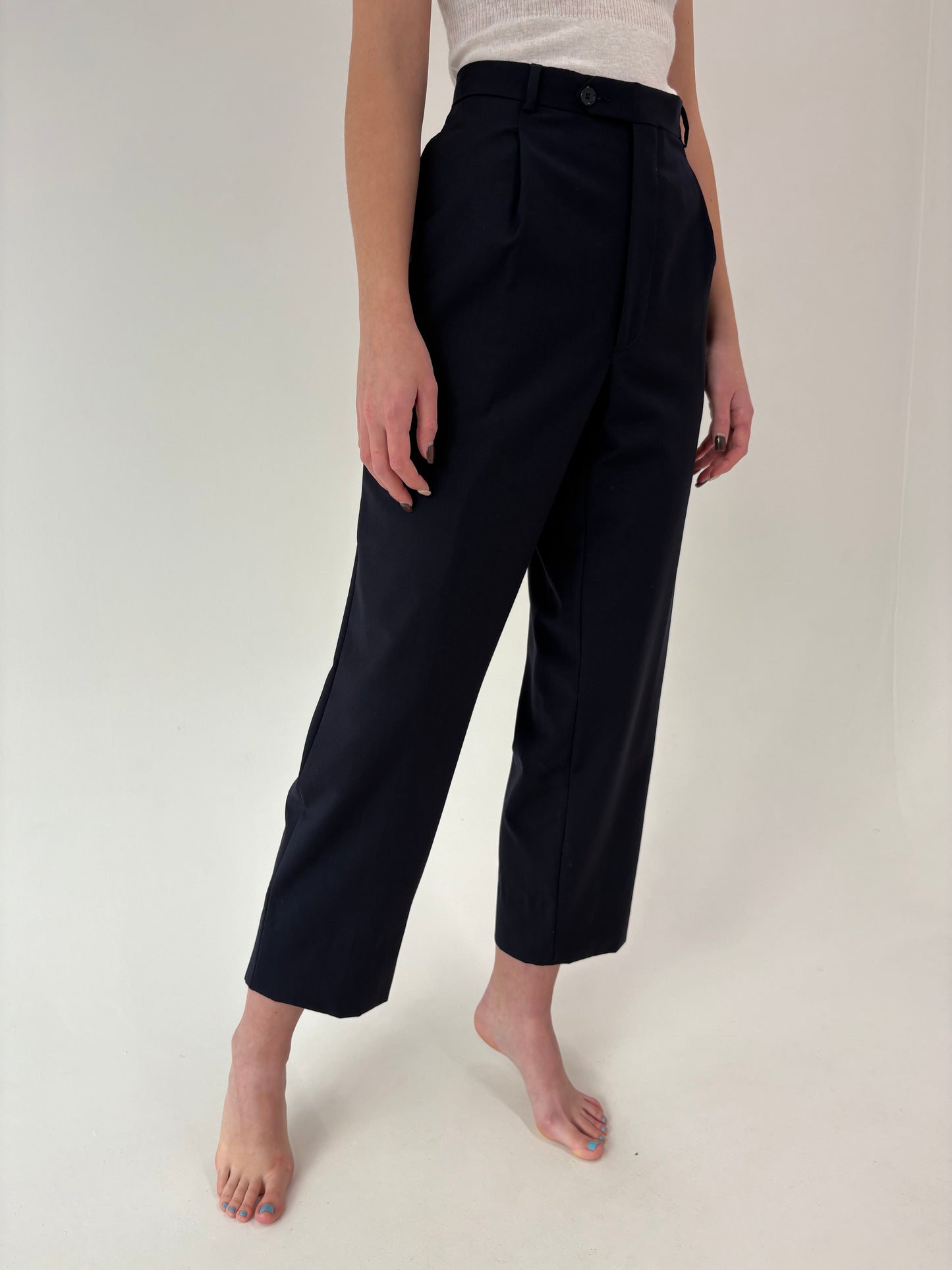 Pantaloni cu pense din lana worsted extrafina dark navy blue