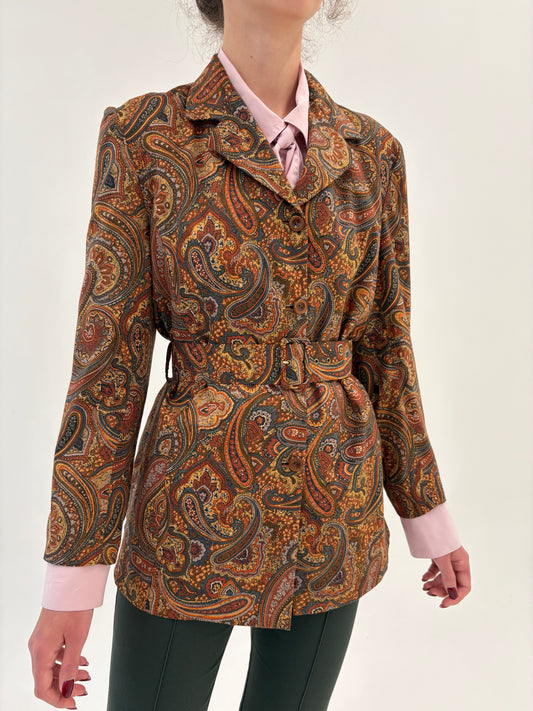Sacou vintage cu print paisley, talie marcată și centura proprie